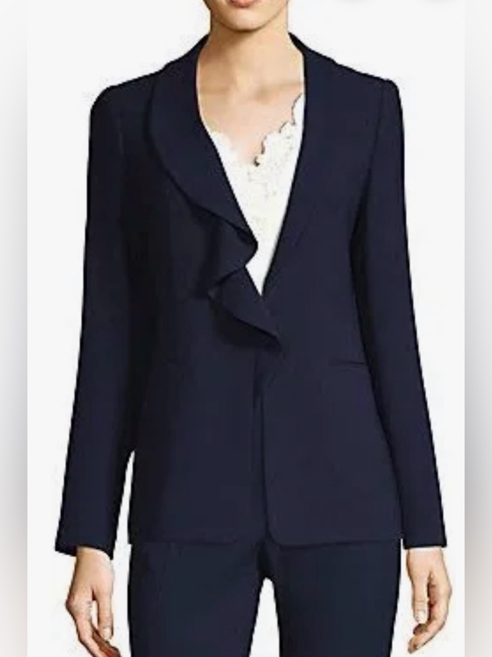 Elie Tahari Siyah Serana light Blazer jacket Black Ruffle front Feminine size 8